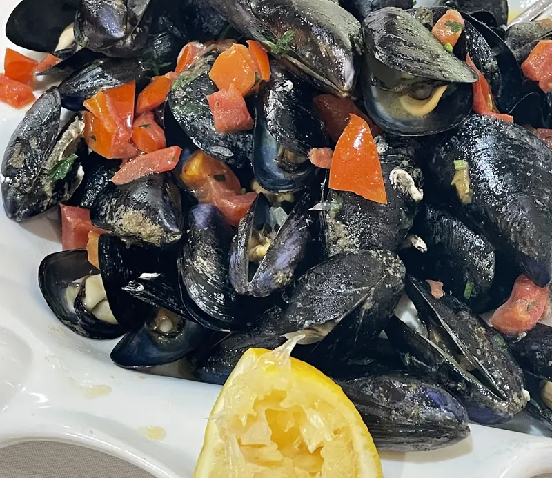 A bowl of mussels with tomato and a squeezed lemon